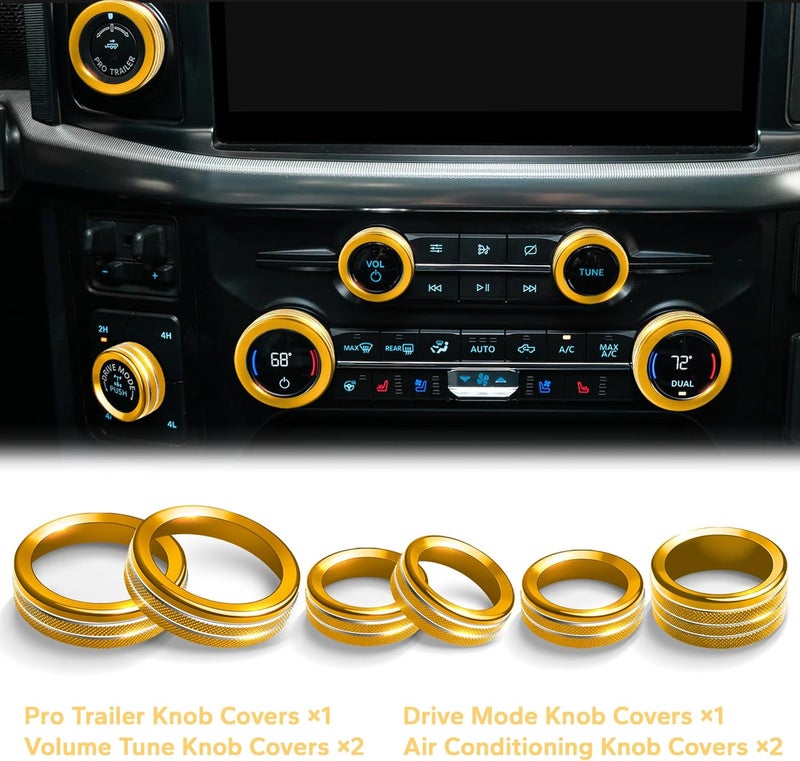 Polodunn ملحقات فورد F150 2021-2025 و Super Duty F250 F350 F450 2023-2025، مجموعة غطاء مقبض من سبائك الألمنيوم 9 قطع - بدء التشغيل، تكييف الهواء، ضبط الصوت، المصابيح الأمامية، وضع القافلة وقيادة السيارة (ذهبي) - Image 3